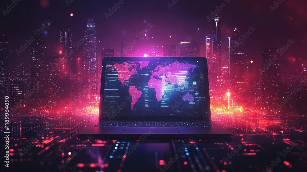 Poster global network, futuristic city, laptop screen displaying world map with data.