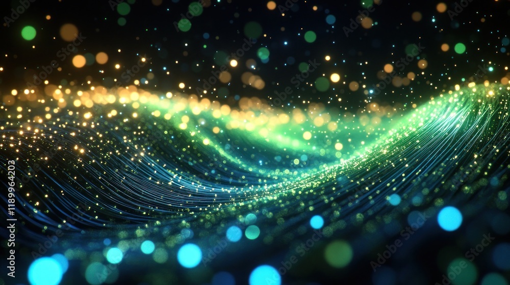 Poster abstract glowing wave with particles.