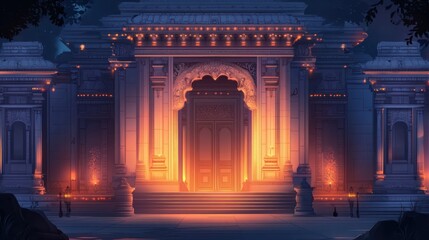 Fototapeta premium Illuminated ancient temple entrance at night.