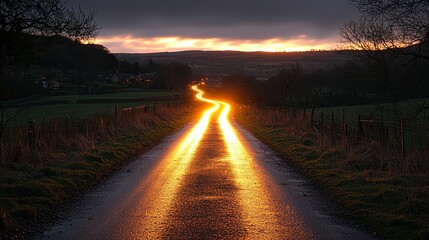 Obraz premium Sunset illuminating a winding country road.