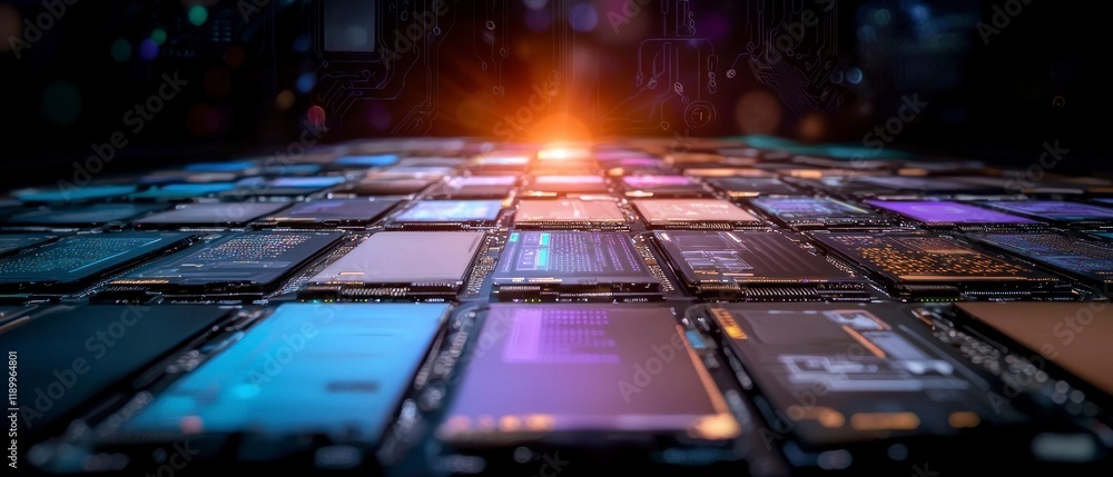 Poster futuristic technology array of microchips digital data circuit boards electronic backg