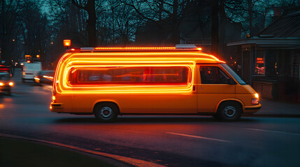 Fototapeta premium Illuminated van driving city night, blurred background
