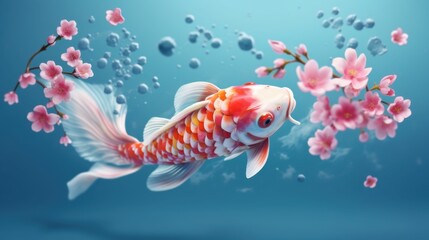 Fototapeta premium Koi Fish Gracefully Swimming Amidst Cherry Blossoms in Serene Aquatic Realm