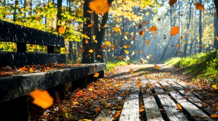 Obraz premium Autumn Park Bench Falling Leaves Golden Sunlight Wooden Path