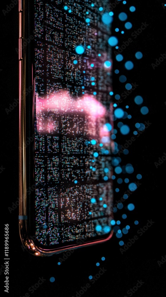 Poster futuristic smartphone display digital matrix glowing particles abstract technology