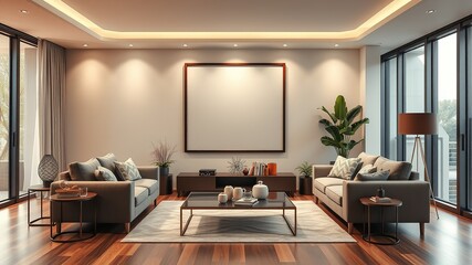 Modern Living Room Poster Frame Mockup - Interior Design AI Photo