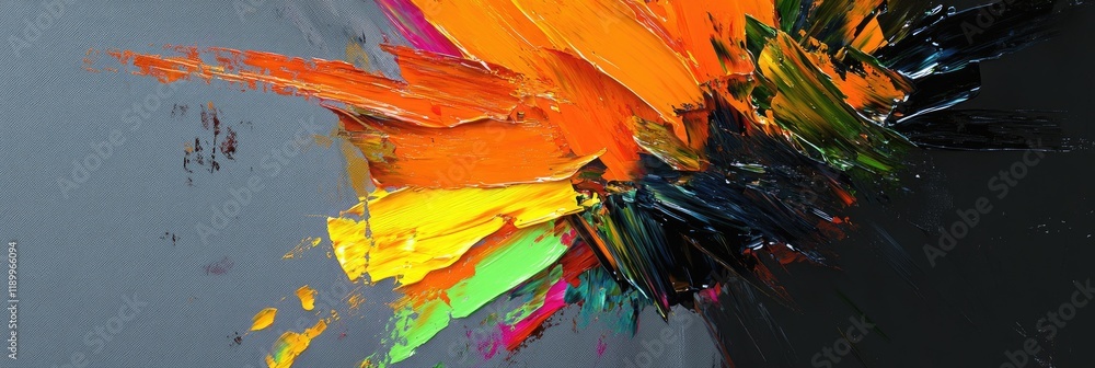 Poster vibrant abstract brushstrokes on gray canvas - a dynamic fusion of color and texture