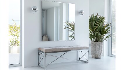 Entryway with a sleek bench, white walls, and reflective mirror.