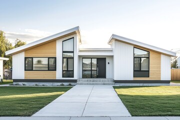 Light wood home with a minimalist driveway in a serene neighborhood.