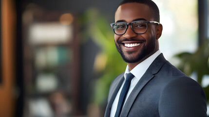Fototapeta premium A happy smiling CEO stands confidently in an office environment, possibly as a real estate lawyer or nonprofit marketer.