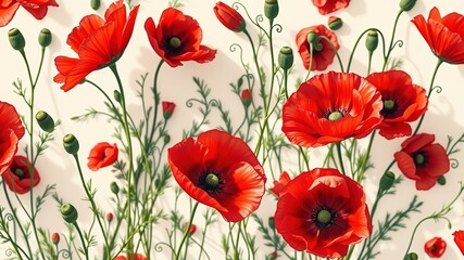 Fototapeta premium Spring Poppy Floral Pattern Cream Background Design