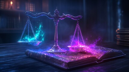 Magical scales balanced on an enchanted book, glowing with vibrant purple and blue auras in a mystical setting.