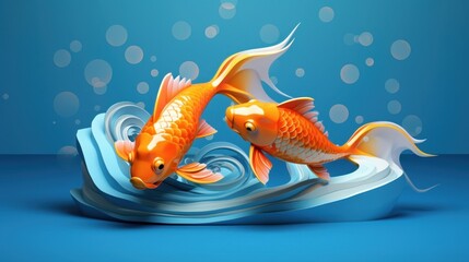 Two Koi Fish Gracefully Swimming in Abstract Ocean Waves, 3D Render Artistic Visualization