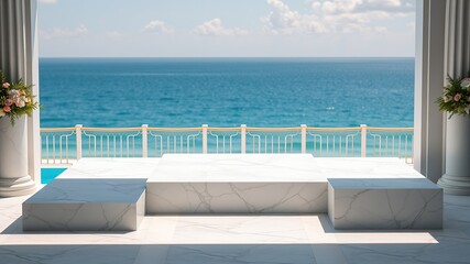 Fototapeta premium Stunning White Marble Podium Sea View Summer Day High Quality AI Photo