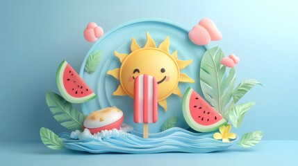 Summer Fun Delightful 3D Render of a Happy Sun Enjoying a Popsicle with Watermelon Slices and Tropical Leaves on a Blue Background
