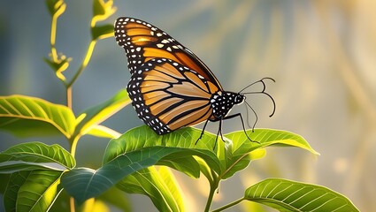 Fototapeta premium Monarch Butterfly Resting on Lush Green Foliage