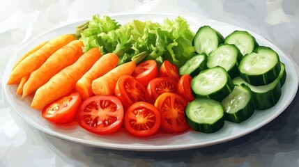 Fresh sliced carrots, tomatoes, cucumbers, and lettuce on a white plate.