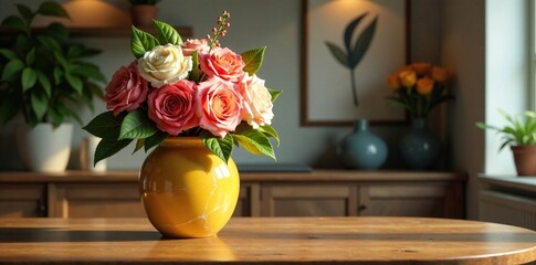 Obraz premium Yellow marble vase filled with fresh flowers on a wooden table, decorative, high-end, sophisticated