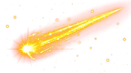 A gold sparkling comet with a bright tail on a transparent background.