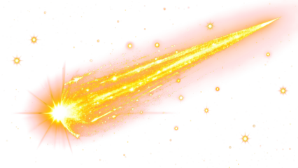 A gold sparkling comet with a bright tail on a transparent background.