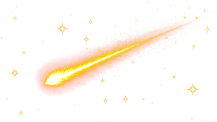 A gold sparkling comet with a bright tail on a transparent background.