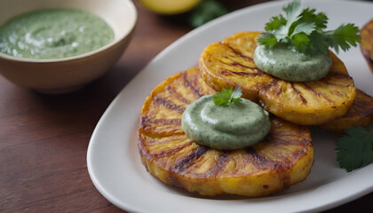 tostones (fried plantains) with cilantro dipping sauce on a plate