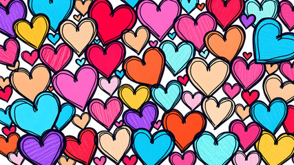 Seamless endless fabric repeat drawn pattern colorful hand drawn doodle hearts on white simple cute valentines day hd background backdrop wallpaper banner texture wedding invitation card gift art