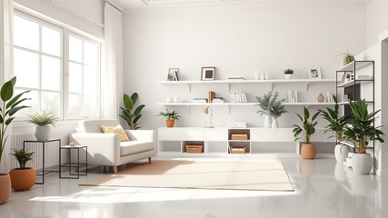 White Living Room with Armchair and Shelves - AI Photorealistic Rendering