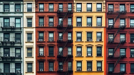 Fototapeta premium Colorful Brick Apartment Buildings With Fire Escapes