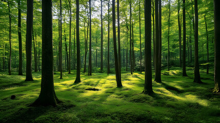 Fototapeta premium A summer panorama of a green forest captivates the viewer.