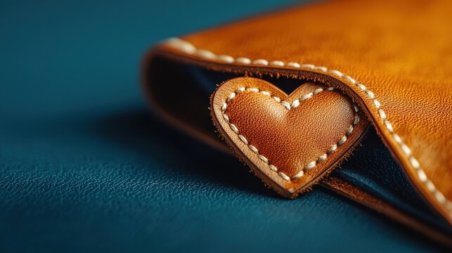 A close-up of a handmade brown leather wallet featuring a heart-shaped design, showcasing craftsmanship and detail against a blue background.