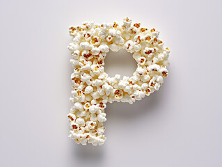 a letter P made of popcorn. Minimalistic design on a plain white background.
