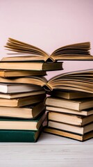 Fototapeta premium Stack of Old Hardcover Books on Wooden Table Pink Background
