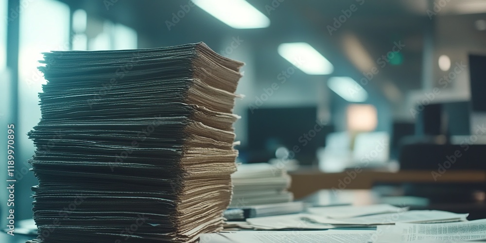 Poster high stack of documents on desk in office setting, showing paperwork and files