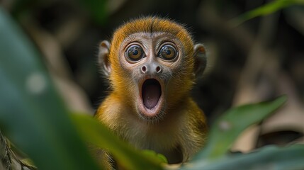 Fototapeta premium A surprised monkey with wide eyes, surrounded by lush green foliage.