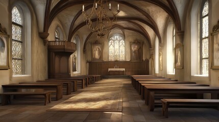 Fototapeta premium Serene Chapel Interior with Benches