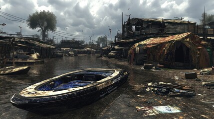 Obraz premium Abandoned Boat in a Flooded Shantytown Under Cloudy Skies