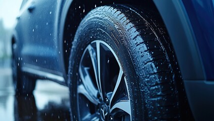 Close-up View of a Wet Car Tire After Rain, Showing Tread Depth and Wheel Design,  Illustrating Automotive Details.