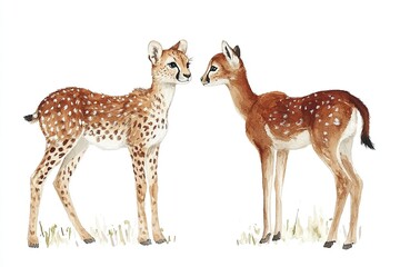 Obraz premium Two spotted young animals facing each other in a natural setting.