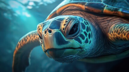 Struggling Turtle Entangled in Plastic Waste in Murky Ocean Water with Underwater Lighting Creating a Somber Mood
