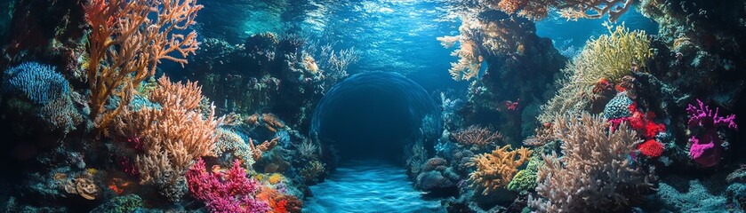 Vibrant underwater coral reef with diverse marine life and clear blue water.