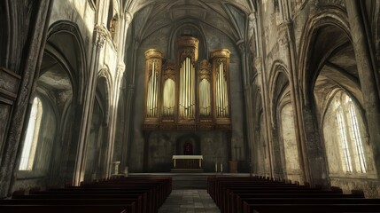 Fototapeta premium Ancient church interior with pipe organ