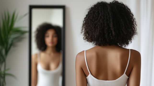 woman standing confidently in front of mirror, practicing self empowerment