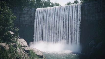 Majestic Waterfall Cascading into a Rocky Pool Surrounded by Lush Greenery, Ideal for Nature and Travel Promotion