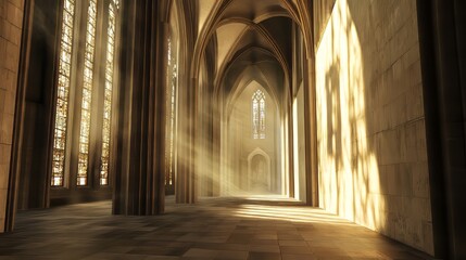 Obraz premium Sunlit cathedral aisle, serene and grand.