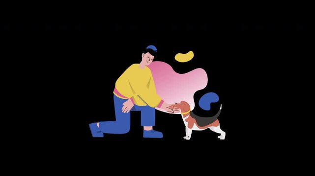 A smiling person interacting with a dog in a colorful flat design, showcasing a joyful atmosphere.