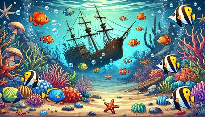 Vibrant Fish and Coral Underwater with Sunken Ship