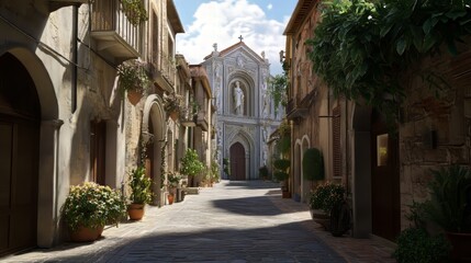 Fototapeta premium Sunlit European street scene with church