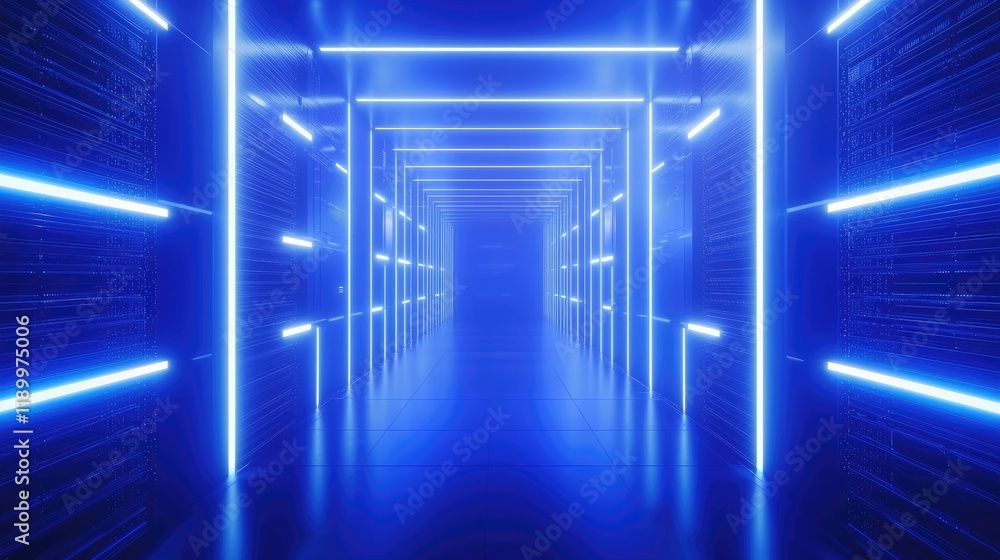 Aufkleber A 3D render of an abstract futuristic background featuring blue glowing neon lines and an empty virtual space within a data center room interior. Ideal for digital tech and virtual environment visuals