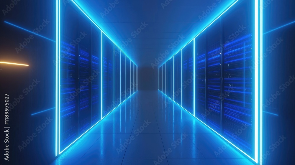 Poster a 3d render of blue neon lights in a dark room with server cabinets and a corridor, creating a futur